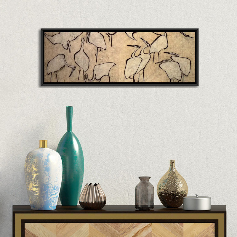 « grues » par katsushika hokusai,, reproduction d’art sur toile, H 12 po x l 36 po x P 1,5 po, Toile encadrée noire