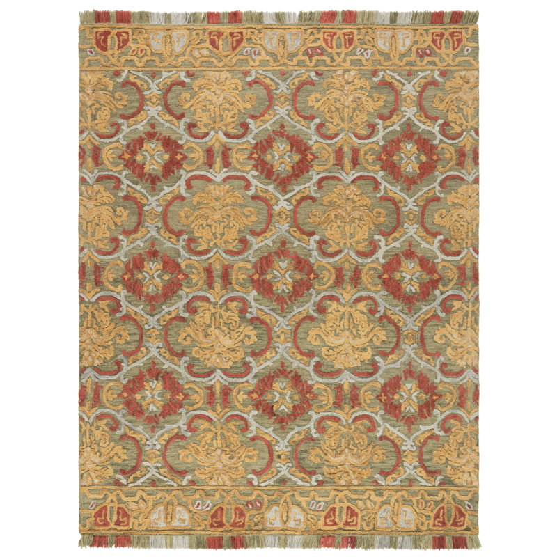 Blossom Tufted Wool/Cotton Performance Oriental Rug in Green/Gold, Rectangle 8' x 10'