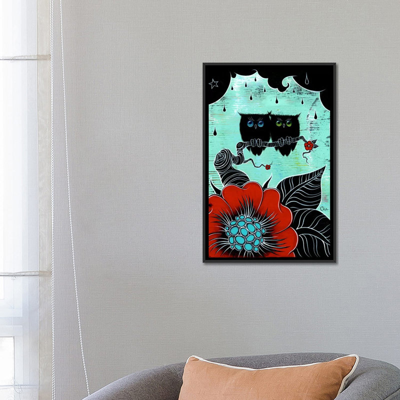 « two hoots », reproduction d’art sur toile tendue, H 26 po x l 18 po x P 1,5 po, Toile avec cadre flottant noir
