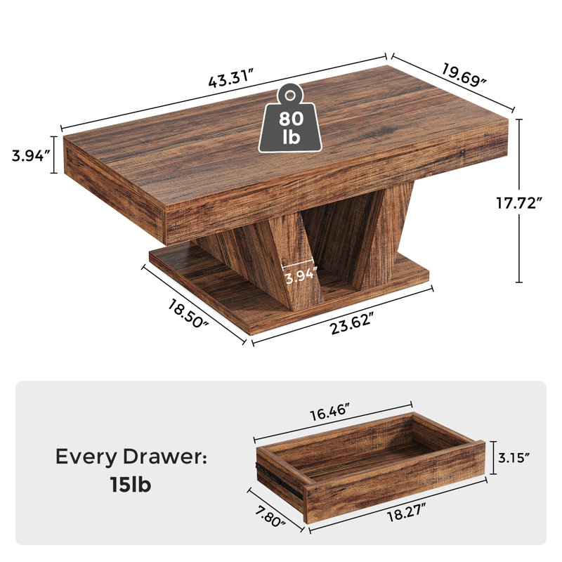 Lakeyia 43'' Coffee Table with 2 Drawers, Cocktail Center Table, Brown