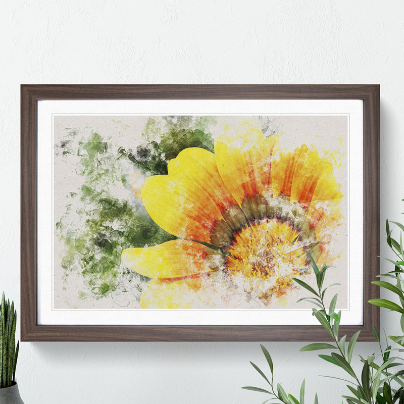 Bright Yellow Flower Watercolour - Picture Frame Graphic Art, Walnut, 27cm H x 36cm W x 2cm D