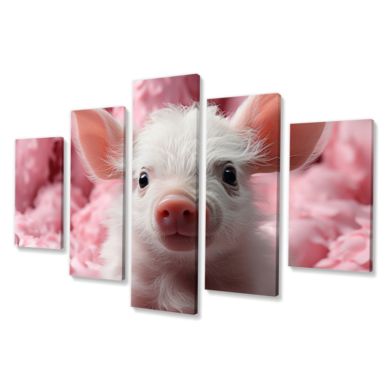 Cochon rose curieux II - animaux, reproduction sur toile - 5 panneaux