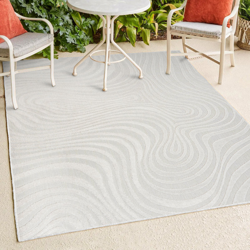 Maribo High-Low Abstract Groovy Striped Cream/Ivory Indoor/Outdoor Rug, Rectangle 7'10" x 10'