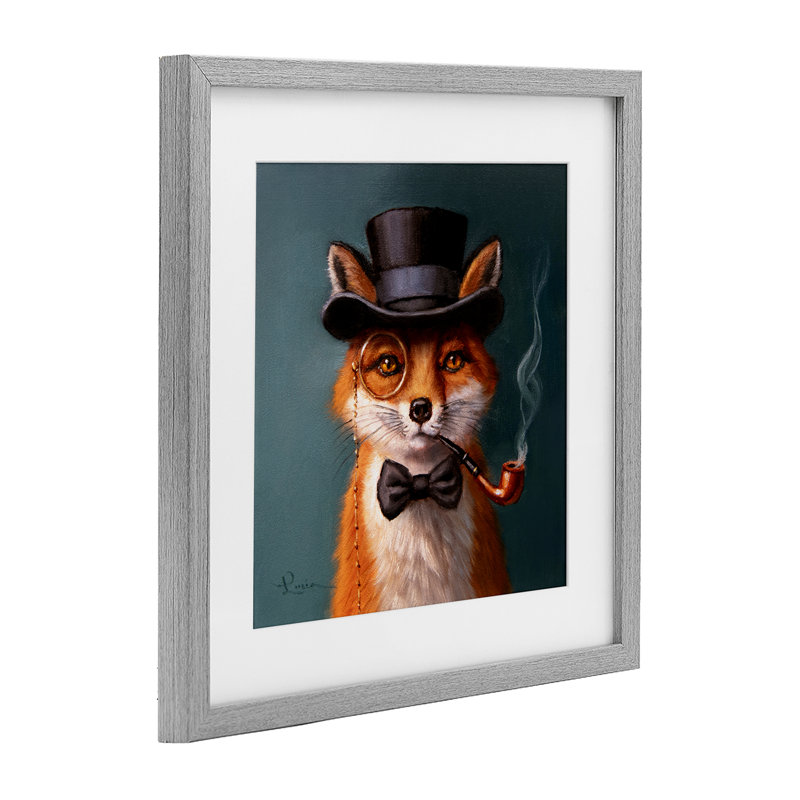 Charmant renard dapper encadré sous verre, design par Lucia Heffernan, H 16 po x l 16 po, Cadre de ferme gris