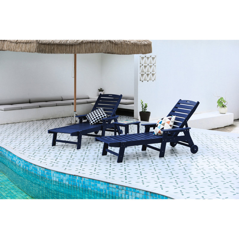 2 Lounge Chairs Outdoor, 5 Patio Chair With Wheels & Cup Holder, Navy Blue, For Deck, Poolside, Rot, Navy Blue