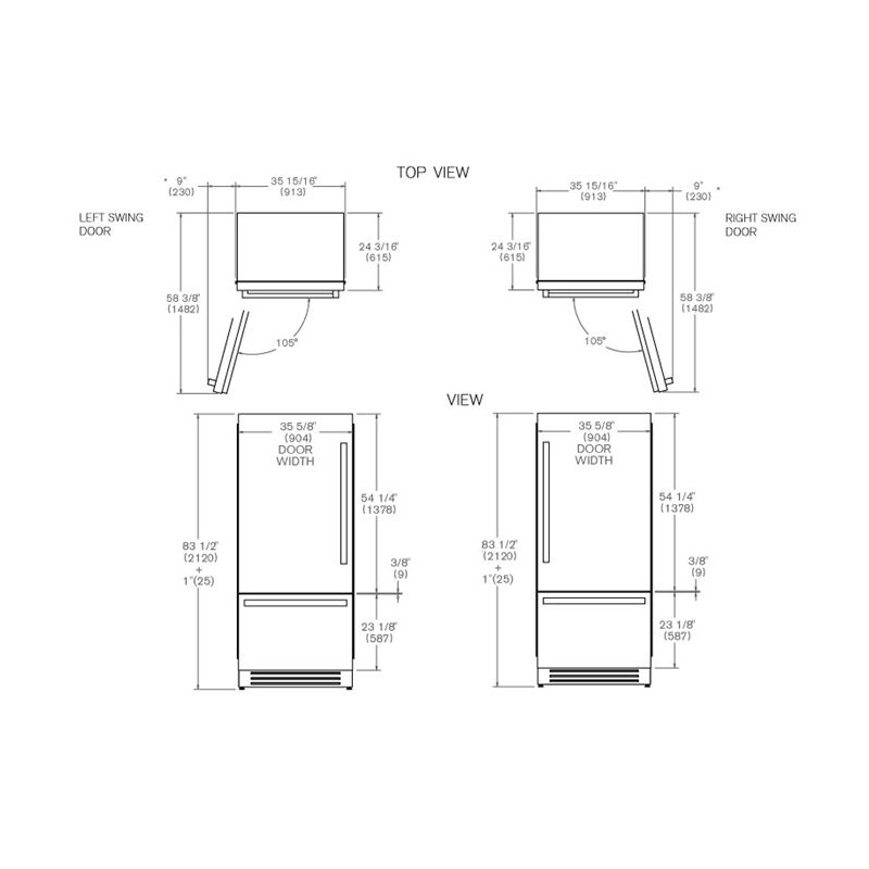 Refrigerator 36" Built-In Bottom Mount With Ice Maker Door, Stainless Steel, Right Handed