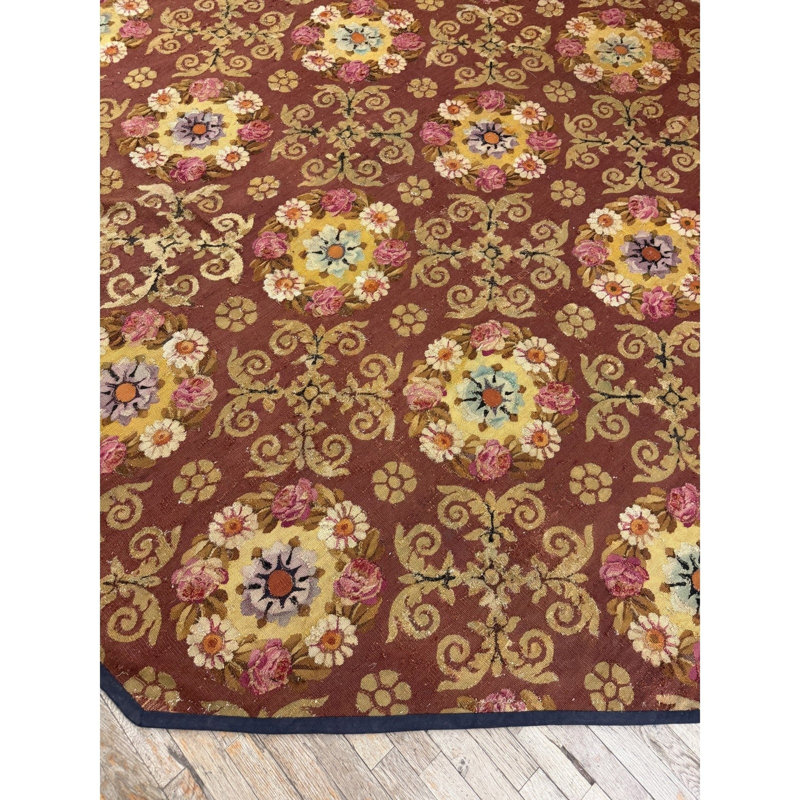 1840s Burgundy Ground Floral Antique European Neoclassical Aubusson Round Rug Round 10'0"