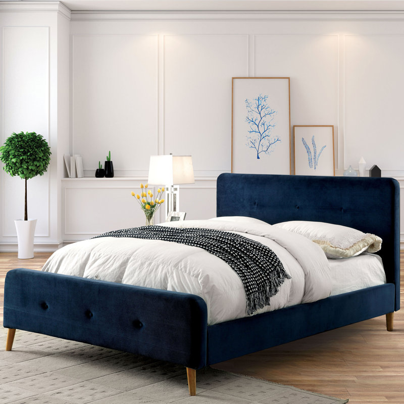 Upholstered Platform Bed, Navy Blue, Queen