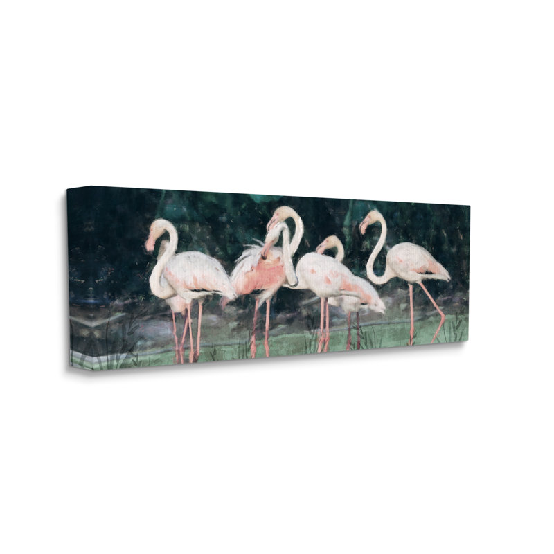 «Troupeau de flamants roses» par Nina Blue - peinture sur toile tendue, H 13 po x l 30 po x P 1,5 po