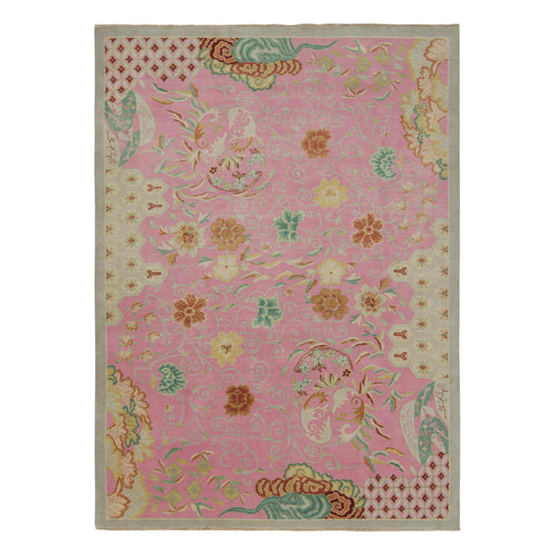 Rug & Kilim’S Chinese Art Deco Rug In Pink With Floral Patterns, Rectangle 13' x 19'