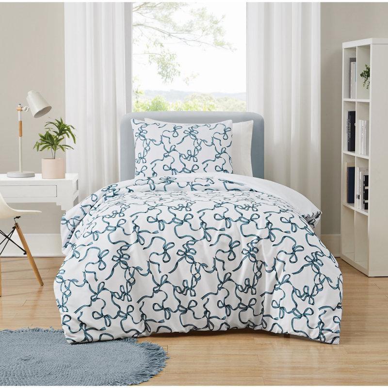 Truly Soft Printed Bow Microfiber Comforter Sets, Queen Comforter + 1 Sham, White/Blue