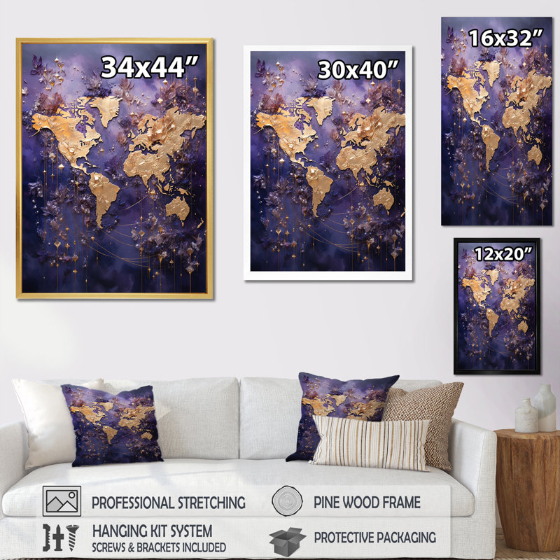«Ethereal Lavender World Map I», reproduction sur toile, Cadre doré simple, H 20 po x l 12 po x P 1 po