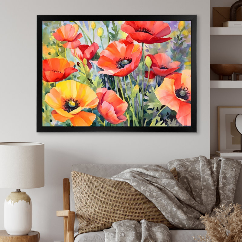 Vibrant Poppies I - impressions florales encadrées, Cadre simple noir, H 24 po x l 32 po x P 1 po