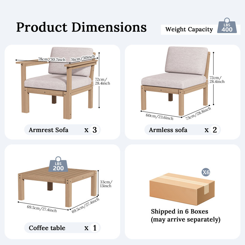 Ensemble de conversation modulaire de patio pour 5 personnes avec coussins, ensemble de conversation de 6 pièces imperméable à l'eau toutes saisons pour canapé, teck