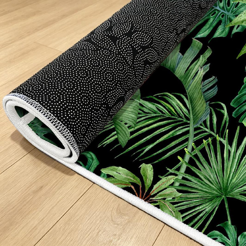 Tapis vert lavable à la machine à feuilles vertes Monstera Strelitzia Palms, Noir