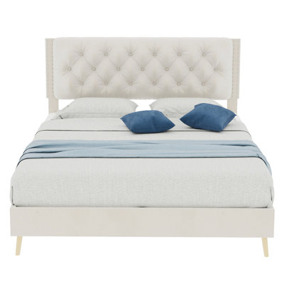 Beige, lit double, tête de lit, support d'écurie, rembourrage, base de lit tapissier beige simple et élégante, bois de peuplier, revêtement en velours, convient à la chambre d'amis