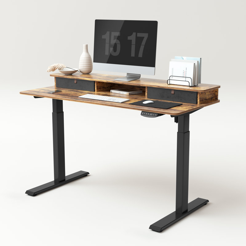 Eliuth Height Adjustable Standing Desk, Brown/Black, 46" H x 55" W x 24" D