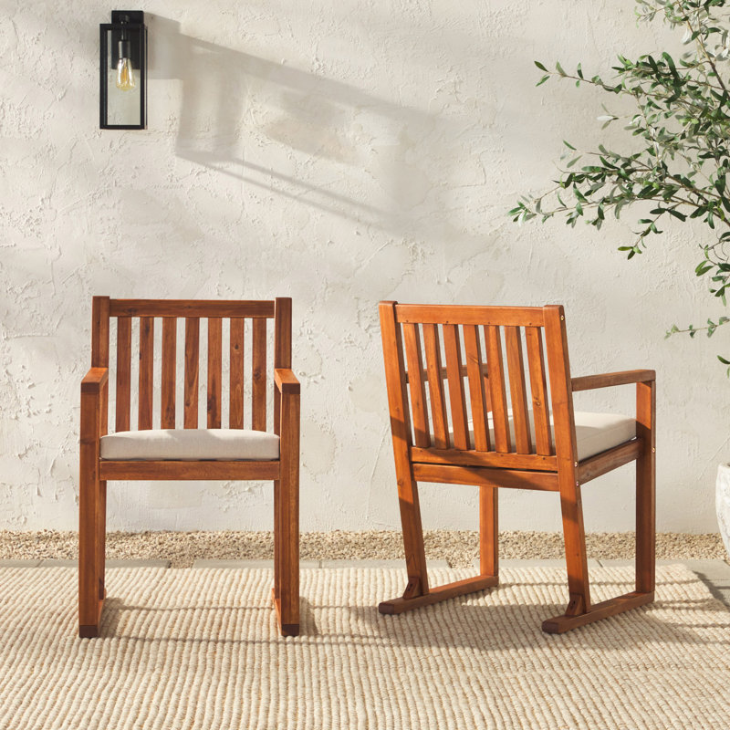 Brown Acacia Wood Slat-Back Outdoor Dining Chairs with Cushions, Set of 2