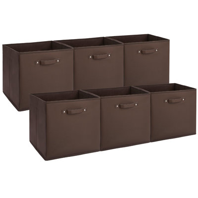 6PCS Brown 13 Inch Fabric Storage Bins with Faux Leather Handles, Foldable Cube Organizer Baskets for Shelves and Closet Collapsible Storage Boxes for Clothes Toys