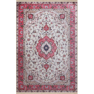 Pink Beige Themed Traditional Motif Flower Patterned Vintage Decorative Machine Washable Rug