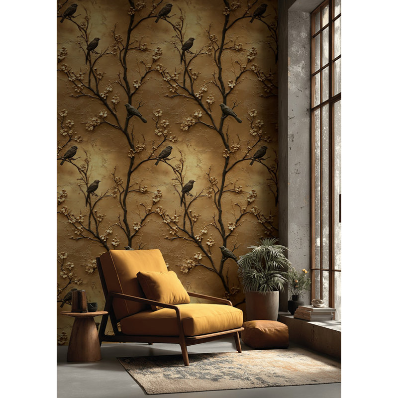 Papier peint floral avec oiseaux or