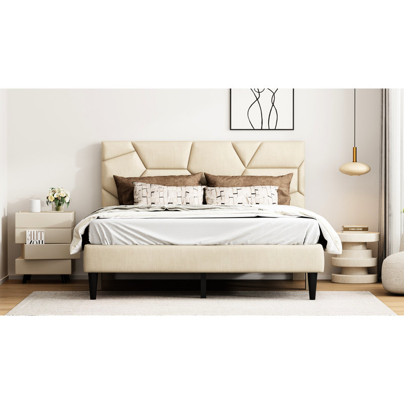 Grand lit beige - solide et stable, sans sommier tapissier, avec pieds antidérapants robustes, silencieux et faciles à assembler