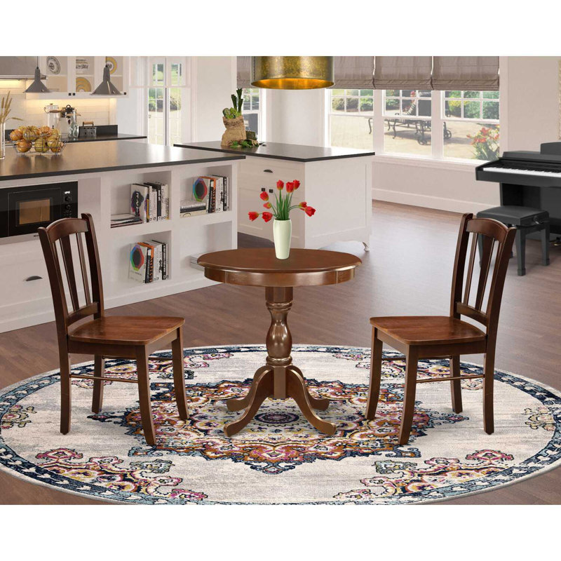 3 Piece Dinette Set for Small Spaces Contains a Round Dining Table with Pedestal and 2 Dining Room Chairs, 30x30 Inch, Mahogany