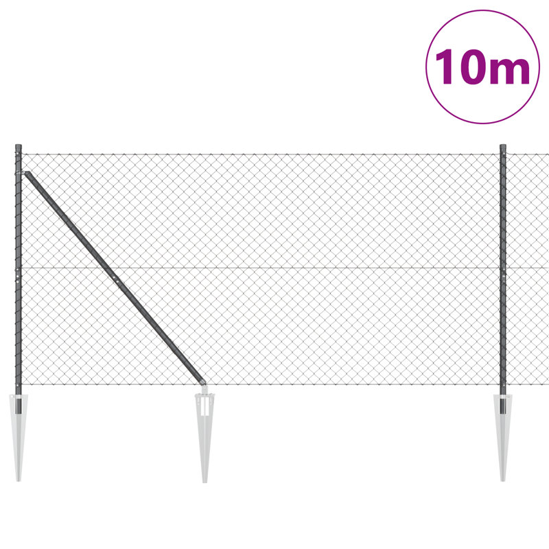 Chain Link Fence With 7 Spike Posts Galvanised Steel, Grey, 120cm H x 1000cm W