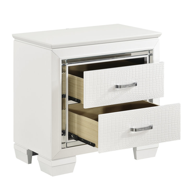 Table de chevet glamour pour chambre à coucher, blanc, 2 tiroirs avec ornementation en faux alligator - tiroirs, finition blanche, texturé, éclairage à DEL, poignées