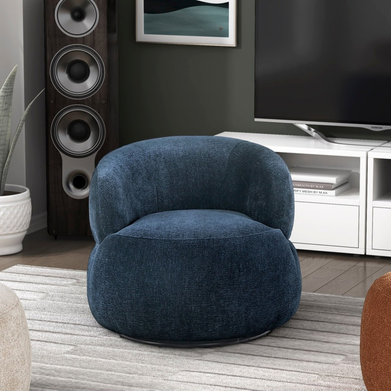Fauteuil d'appoint moderne et luxueux en chenille bleue rembourrée avec coussin en mousse et bois massif, Bleu