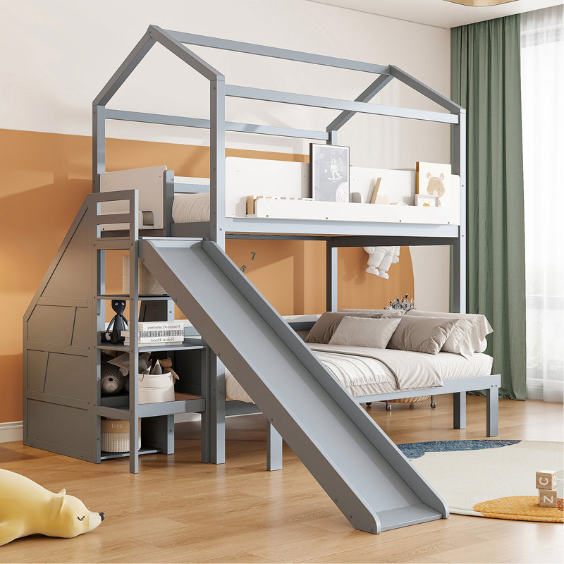 Lit superposé en bois en forme de maison avec glissière et escalier de rangement, cadre de lit simple, simple et double, gris et blanc