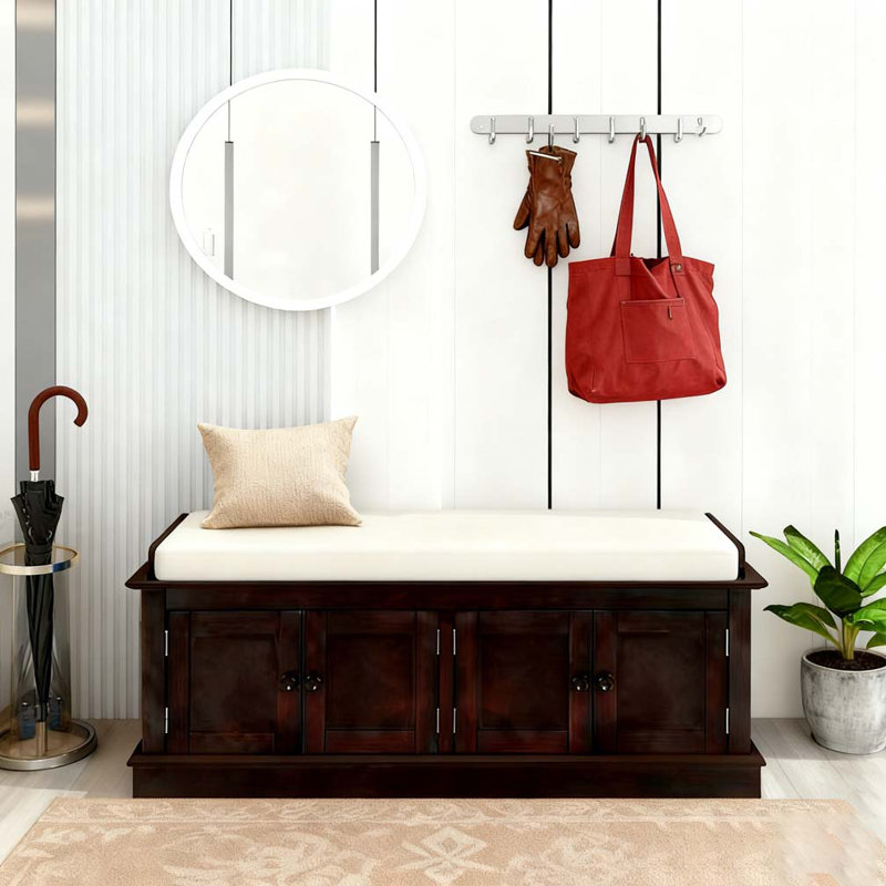 Banc de rangement avec 4 portes et tablettes réglables, banc à chaussures avec coussin amovible, Espresso