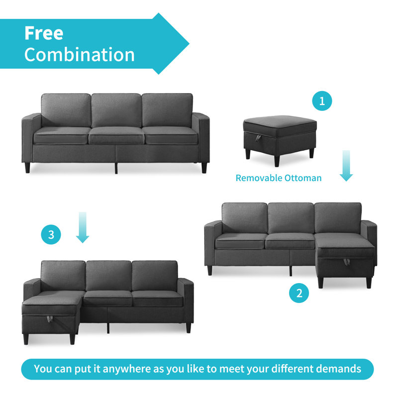 4 Seater Linen Sofa, Dark Grey