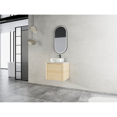 Meuble-lavabo mural 24 po avec lavabo d'art en céramique, 1 porte à fermeture en douceur, base en contreplaqué, aspect contemporain, pierre blanche, vasque longue durée, charnières de fermeture, 45 poignées inclinées