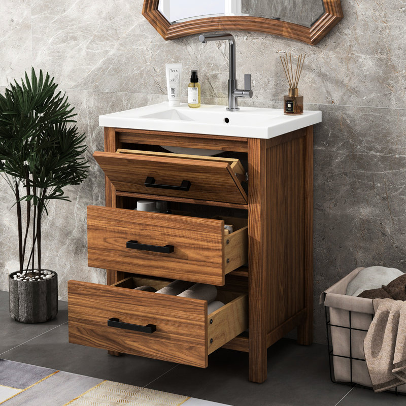 Meuble-lavabo autoportant de 24 po avec lavabo en céramique - 3 tiroirs modernes, 3 tiroirs, rangement encastré moderne