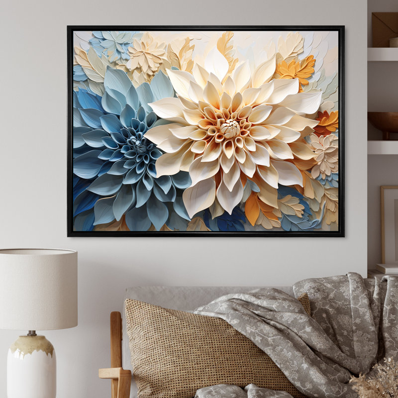 Simple dahlia beige et bleu simple sur toile, H 34 po x l 44 po x P 1,5 po, Cadre flottant noir