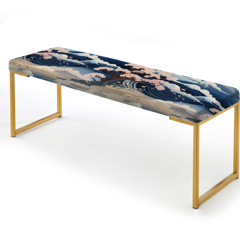 Banc rembourré Coastal Gold, Mount Fuji Horizons Indigo Pattern