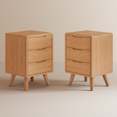 Set of 2 Mid-Century Modern 3-Drawer Nightstand, Solid Wood Extra Storage Bedside Table