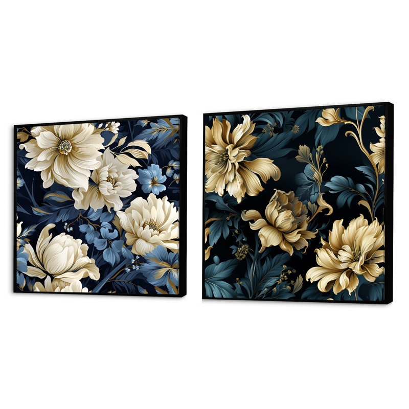 Maylis - Ensemble de 2 collages carrés botaniques abstraits, Cadre flottant noir, H 36 po x l 73 po