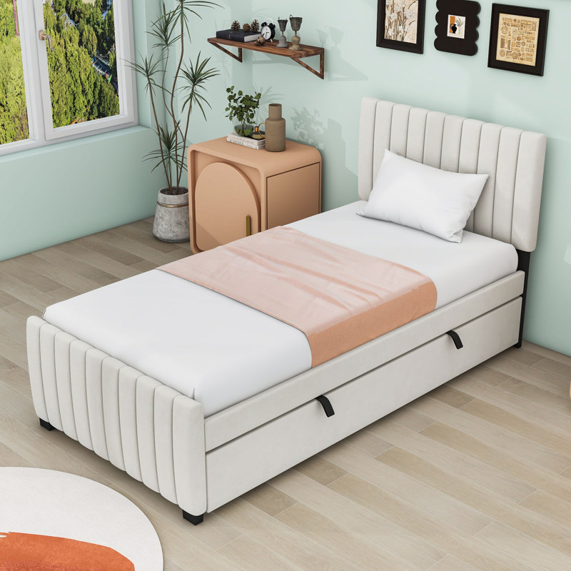 Twin Upholstered Platform Bed with Trundle, Beige