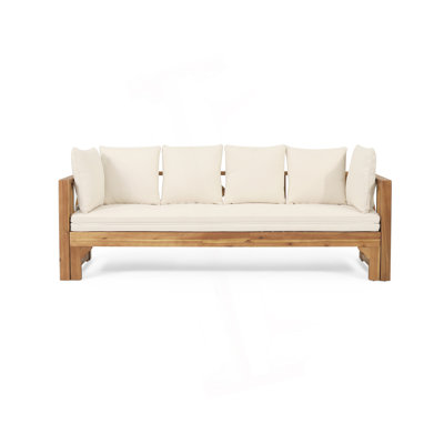 Outdoor Extendable Acacia Wood 3 Seater Sofa, Upholstered Cushion Couch, Daybed Sofa Chair, Spacious Seating Lounge Chair, Patio Daybed Sofa For Garden Yard
