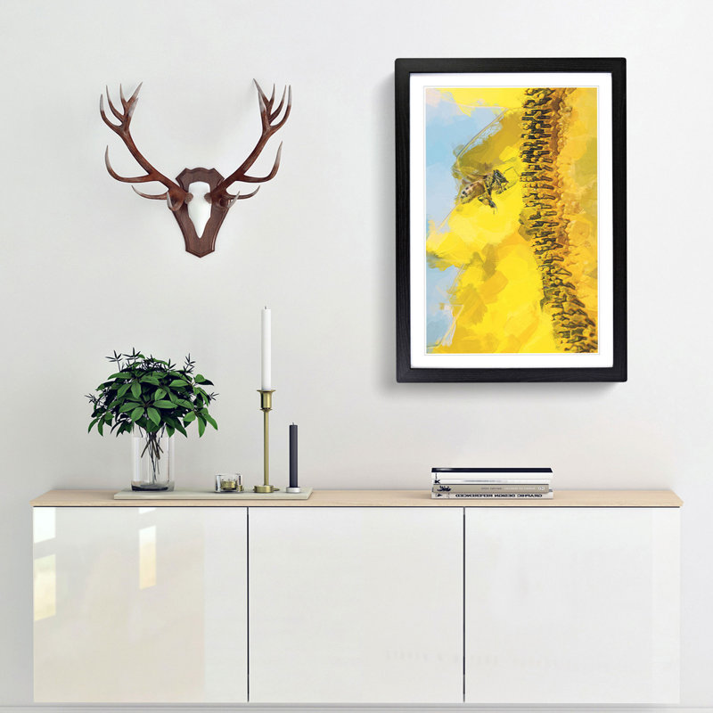 Busy Bee & Yellow Flower in Abstract - Picture Frame Painting Print, 36cm H x 27cm W x 2cm D, Black Framed