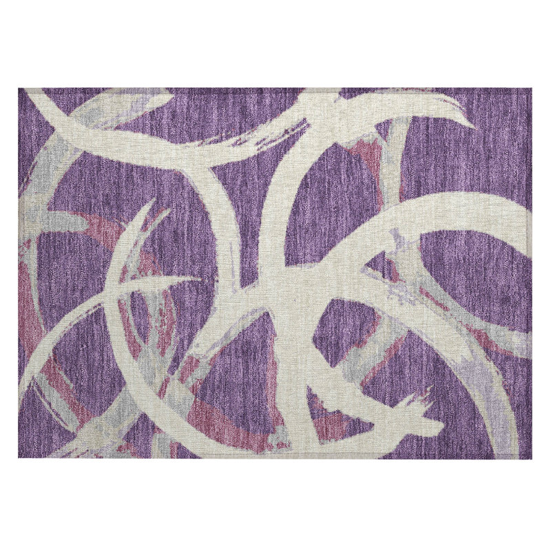 Purple and White Rectangular Synthetic Washable Rug