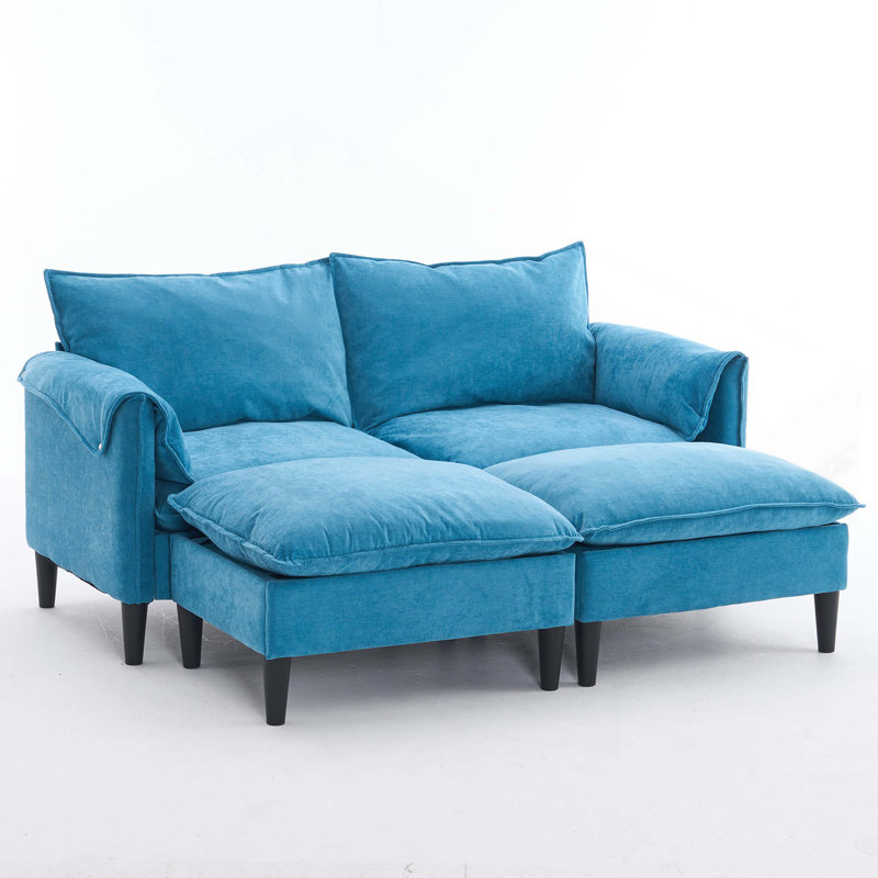 Canapé convertible 2 places avec repose-pieds Kian, Tissu bleu