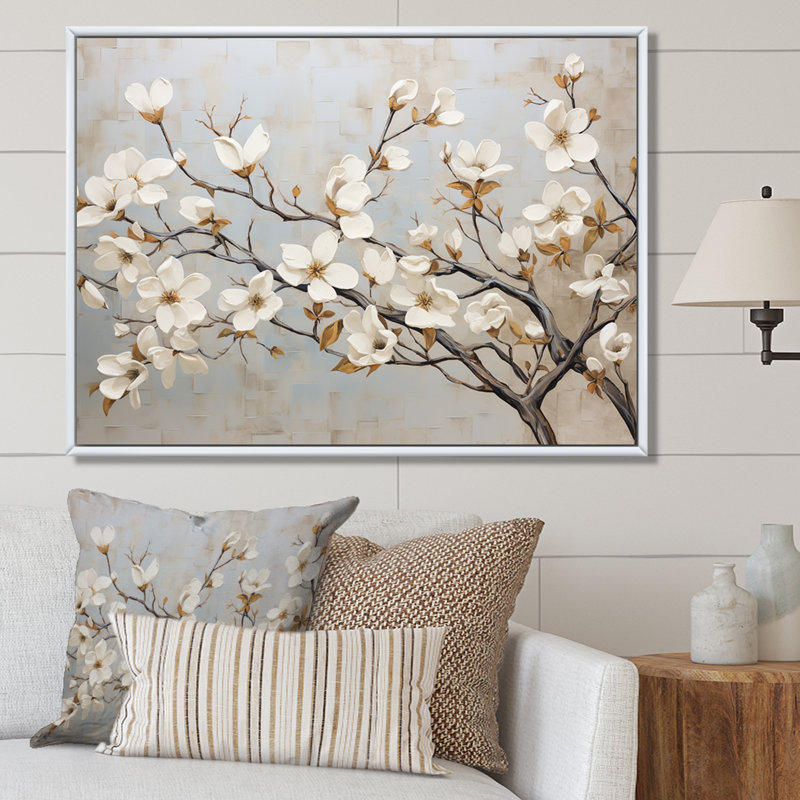 Beige blanc cornouiller Peacefulness - art mural cornouiller, H 30 po x l 40 po x P 1,5 po, Cadre naturel flottant