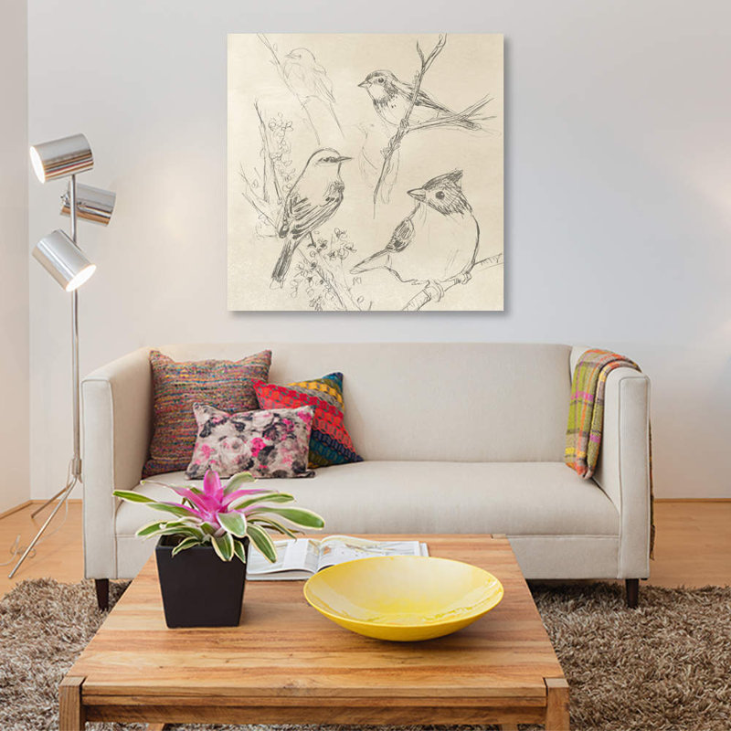 « rétro songbird croquis i », impression sur toile, H 18 po x l 18 po x P 1,5 po, Toile tendue, Pas de tapis