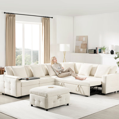 Lit modulaire surdimensionné en chenille surdimensionné de 117 * 90 po avec deux ports de charge, lampe de lecture réglable, panneau de table rabattable, rangement, 6 coussins, design pour le confort résidentiel et de type C, look,