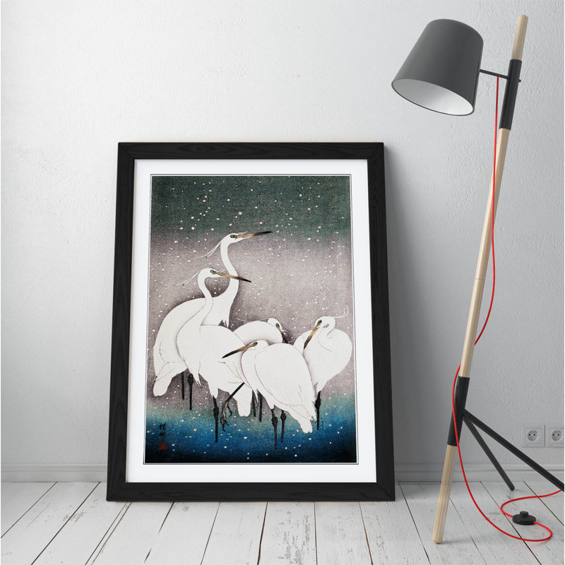 Oriental Japanese Cranes - Single Picture Frame Print on Canvas, Black, 47cm H x 35cm W