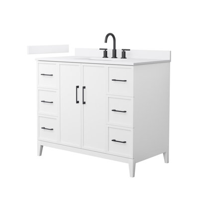 Meuble-lavabo simple 42 po Elan en blanc, comptoir en marbre de culture blanc, lavabo carré encastré (3 trous), garniture noir mat