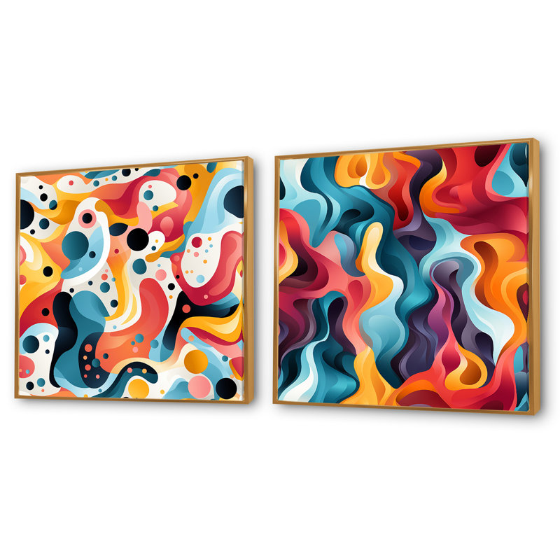 Ensemble de 2 collages carrés colorés, H 16 po x l 33 po, Cadre flottant doré